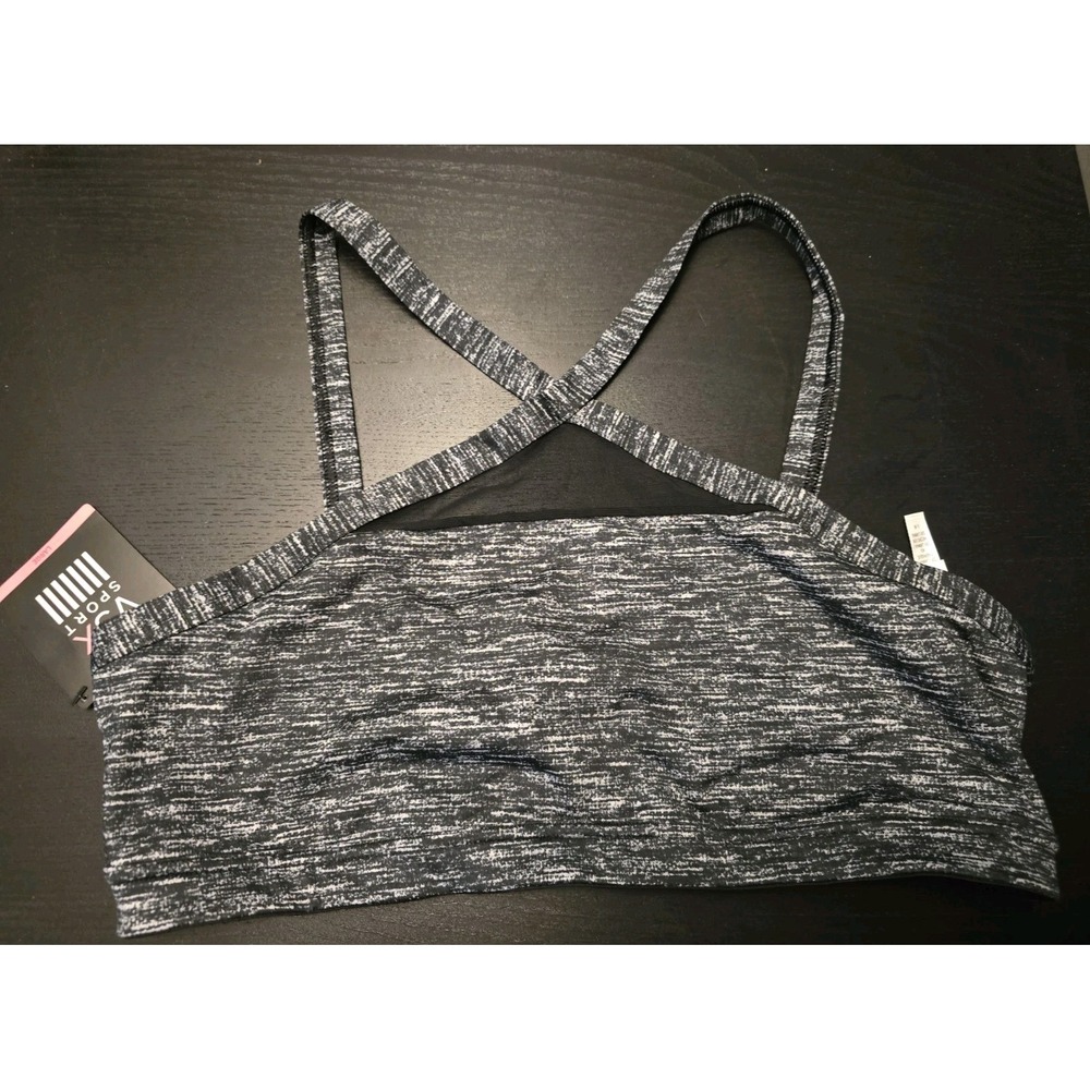 NWT Victoria Sport Strappy Large Sports Bra Black Gray Heathered Mesh High Neck